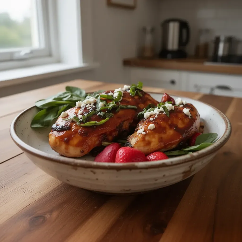 Delicious Strawberry Chicken dish served with fresh strawberries and herbs.