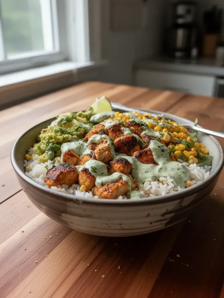 Street Corn Chicken Rice Bowl topped with fresh ingredients and spices