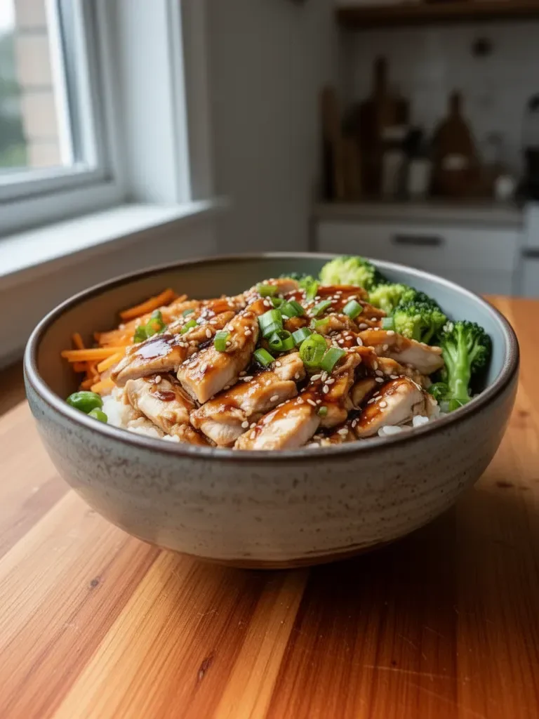 Teriyaki chicken rice bowl with vegetables and sesame seeds