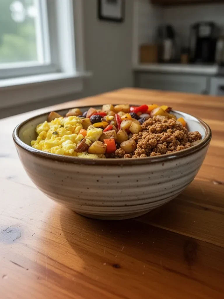 Colorful Tex-Mex Protein Breakfast Bowls with eggs, beans, and avocado.