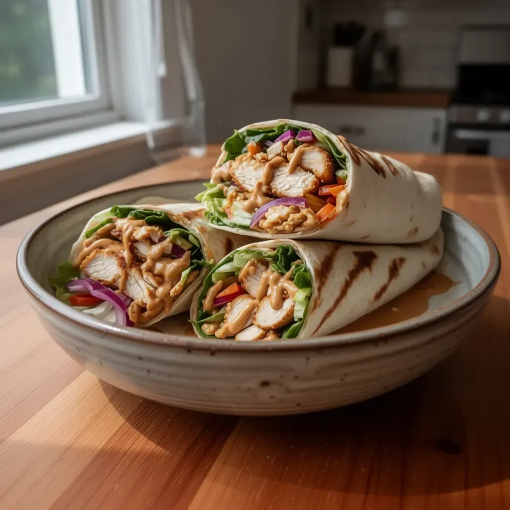Thai Peanut Chicken Wrap showcasing fresh ingredients and vibrant flavors.