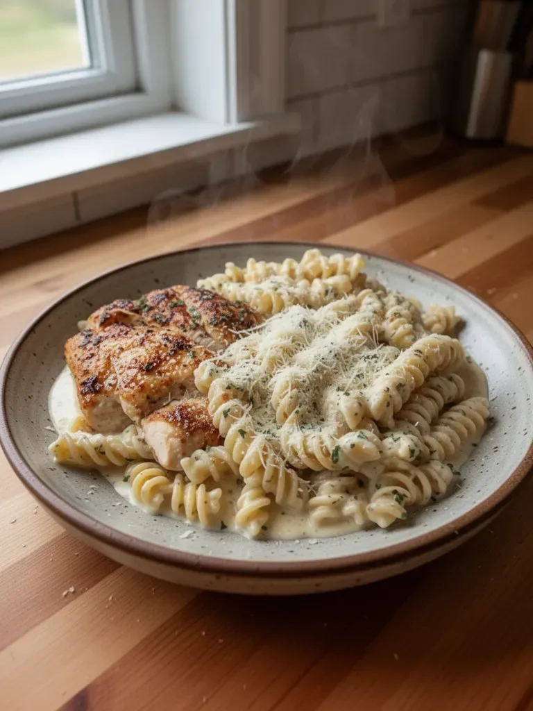 Twisted Pasta with Honey Garlic Chicken and Parmesan Cream