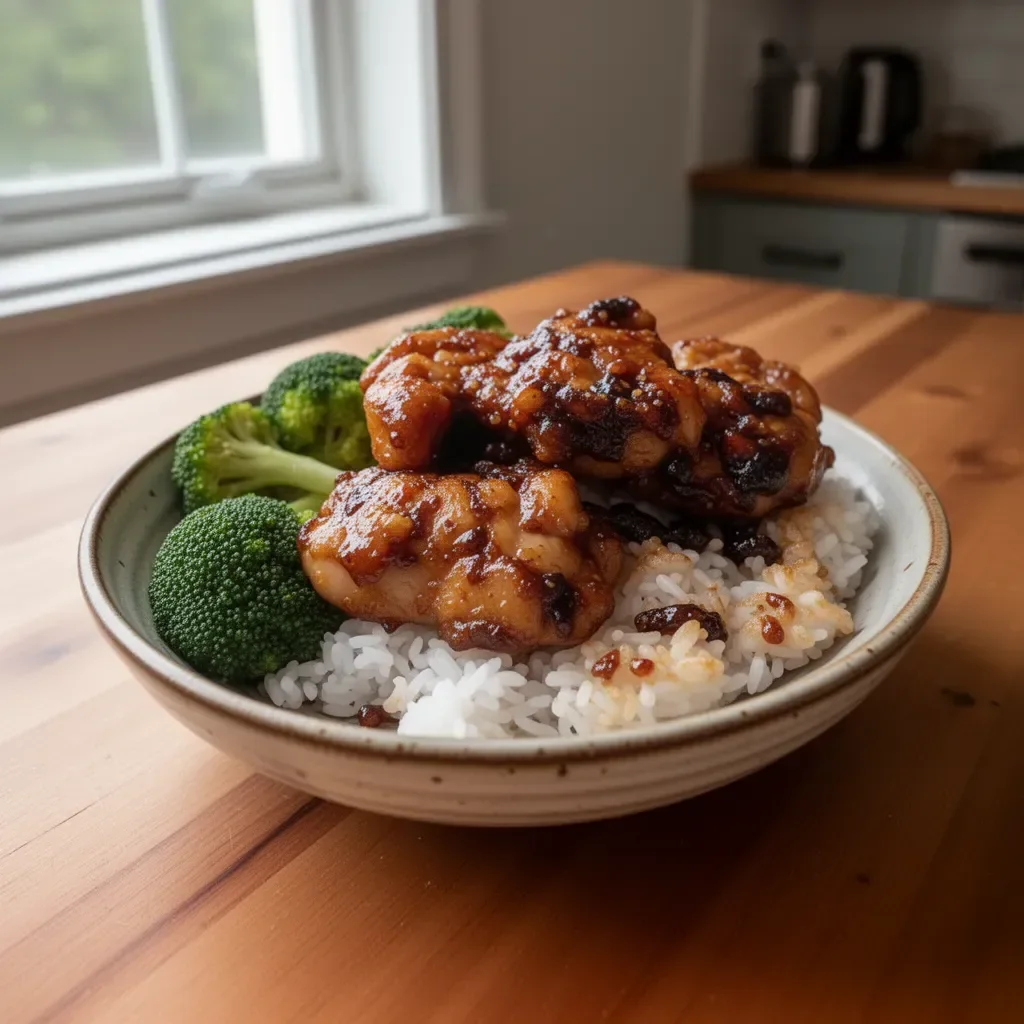 Pan fried Korean soy garlic chicken thighs served on a plate