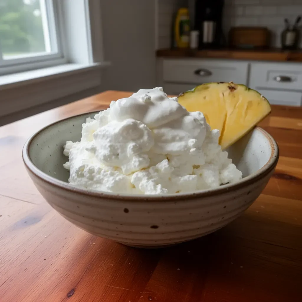 Creamy cottage cheese Dole Whip served in a bowl, garnished with pineapple.