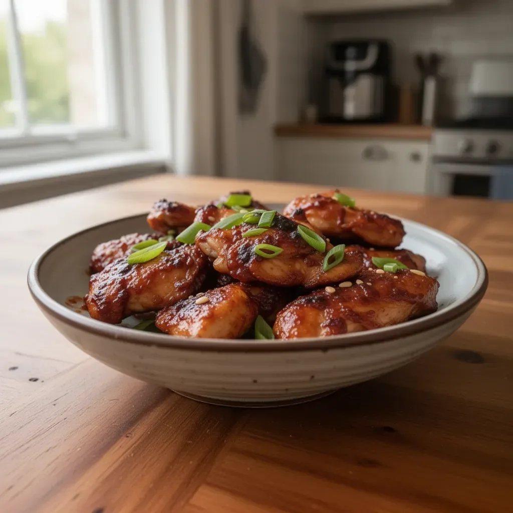 Air Fryer Chicken Bulgogi served with rice and vegetables on a plate