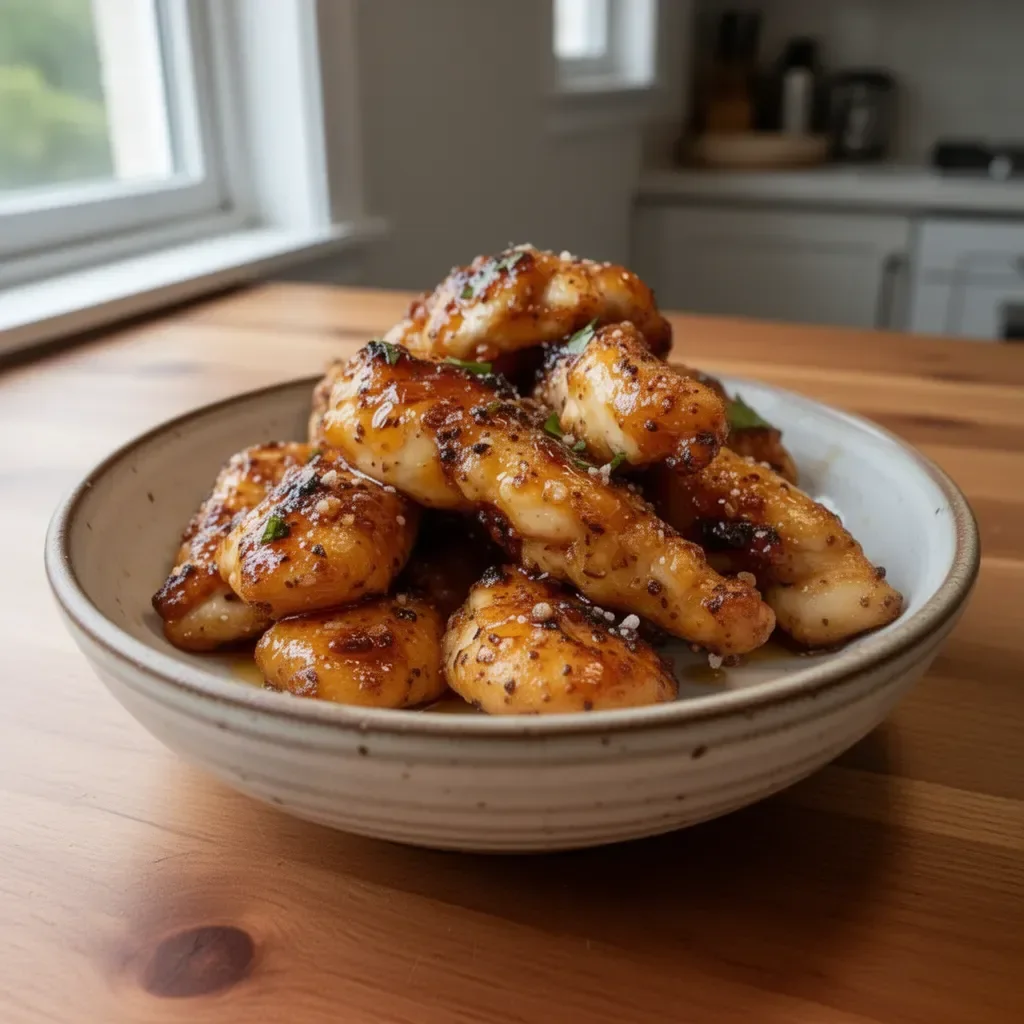 Air Fryer Honey Butter Garlic Chicken Tenders served on a plate