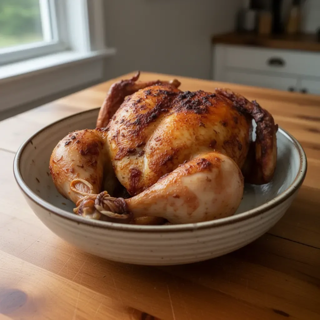 Golden brown air fryer rotisserie chicken on a white plate