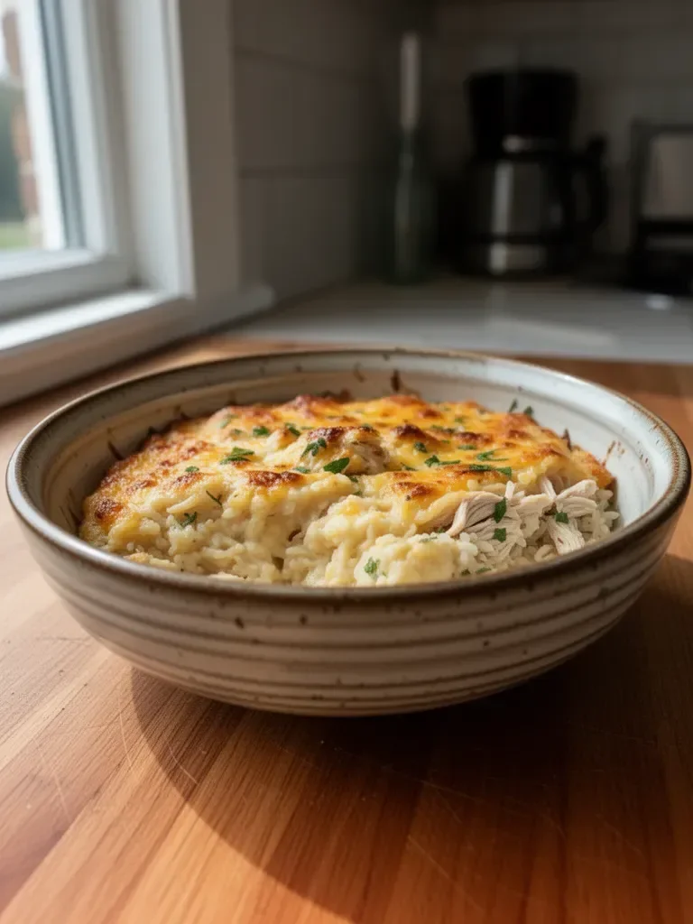 Delicious Angel Chicken Rice Casserole in a baking dish topped with herbs