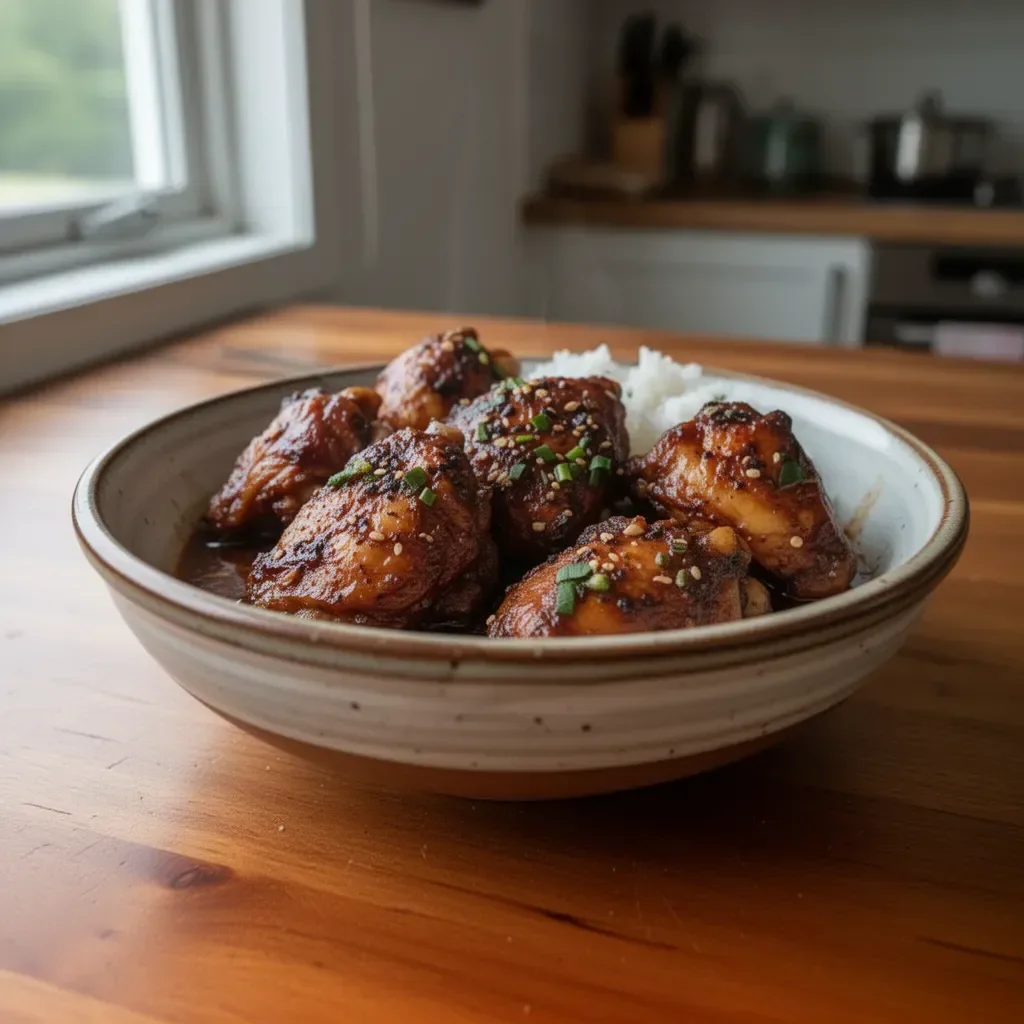 Delicious authentic Filipino Chicken Adobo served with rice