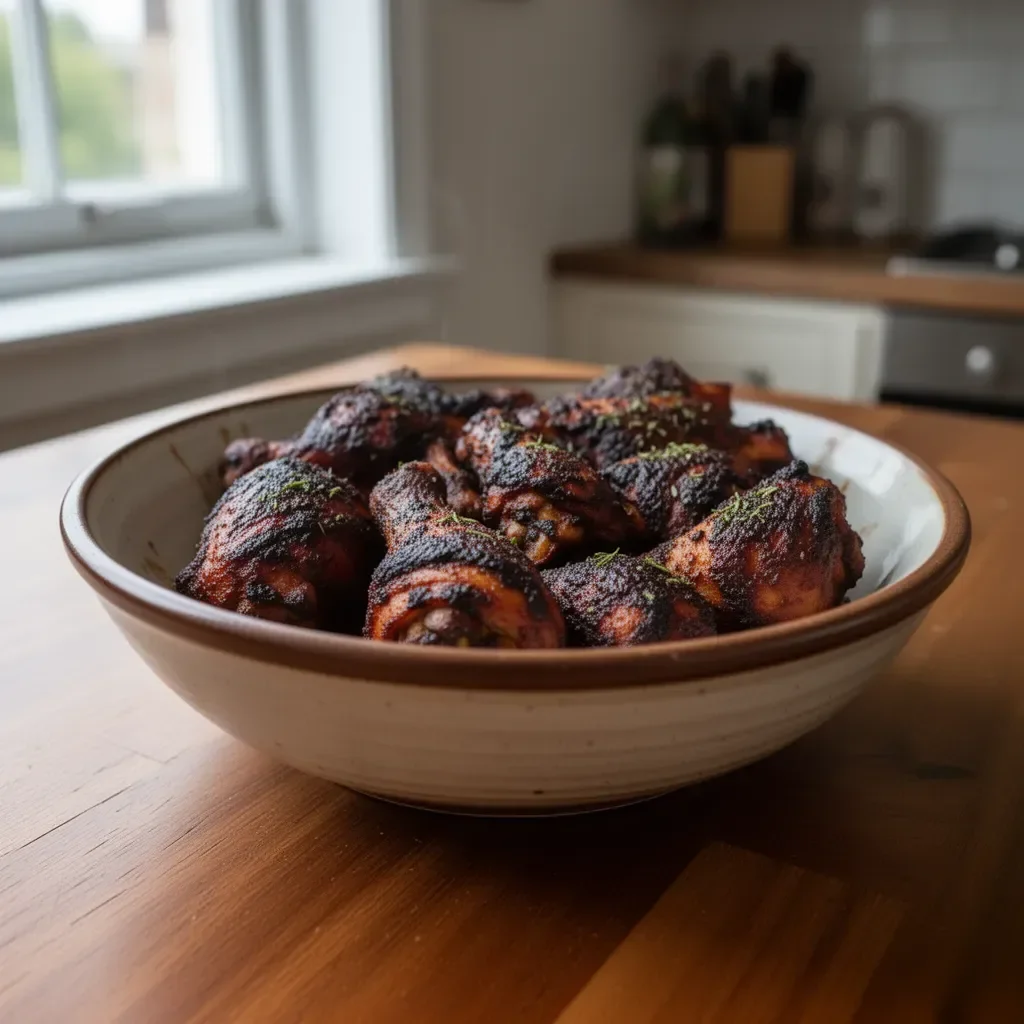 Delicious Authentic Jamaican Jerk Chicken garnished with fresh herbs
