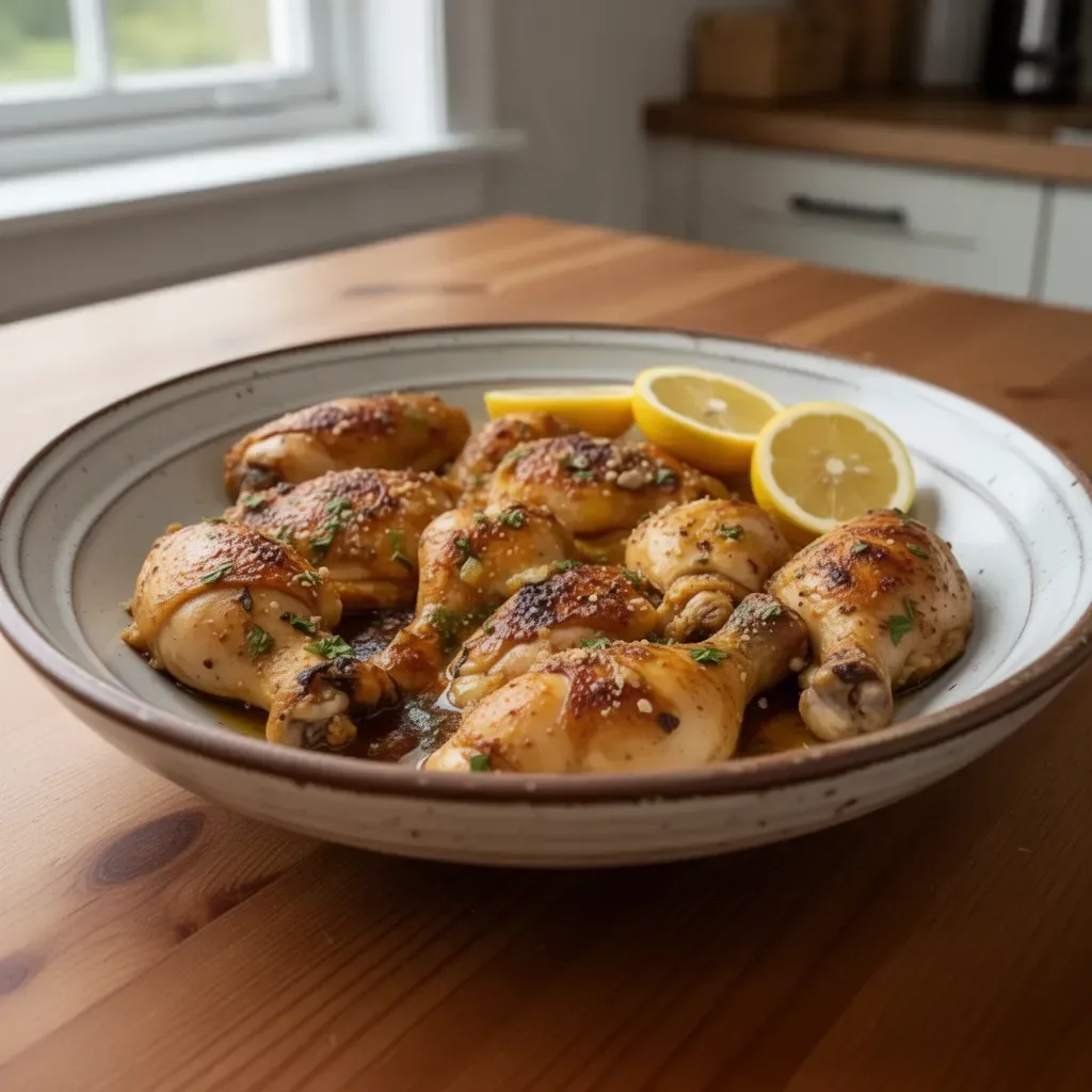 Baked lemon butter chicken on a plate, garnished with herbs and lemon slices.