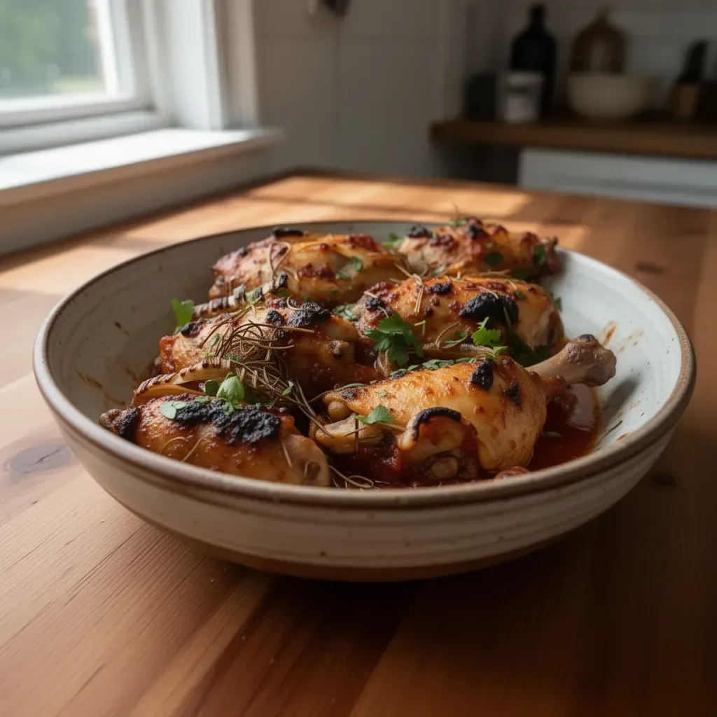 Baked Mediterranean Chicken Thighs garnished with herbs and olives