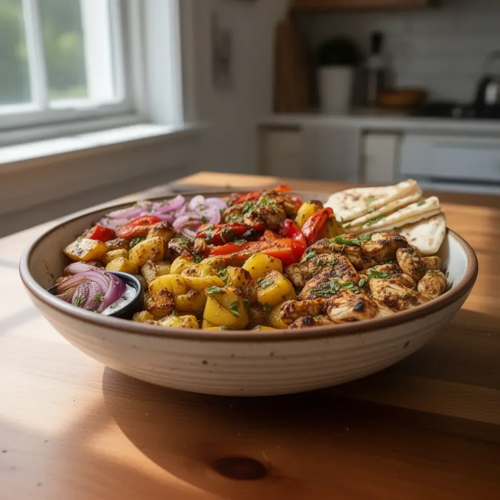 Delicious chicken shawarma sheet pan dinner served with fresh vegetables.