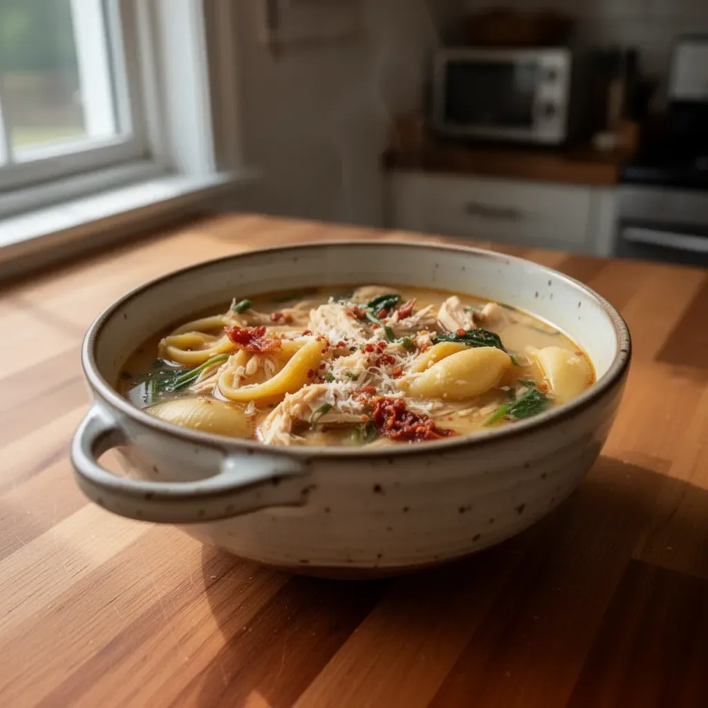 Delicious Marry Me Chicken Soup in a bowl garnished with herbs
