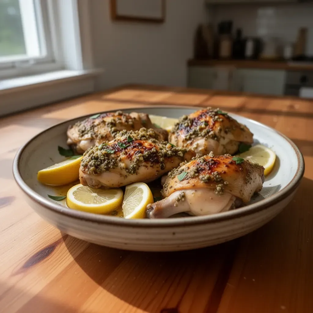 Oven baked Greek chicken thighs garnished with herbs and lemon
