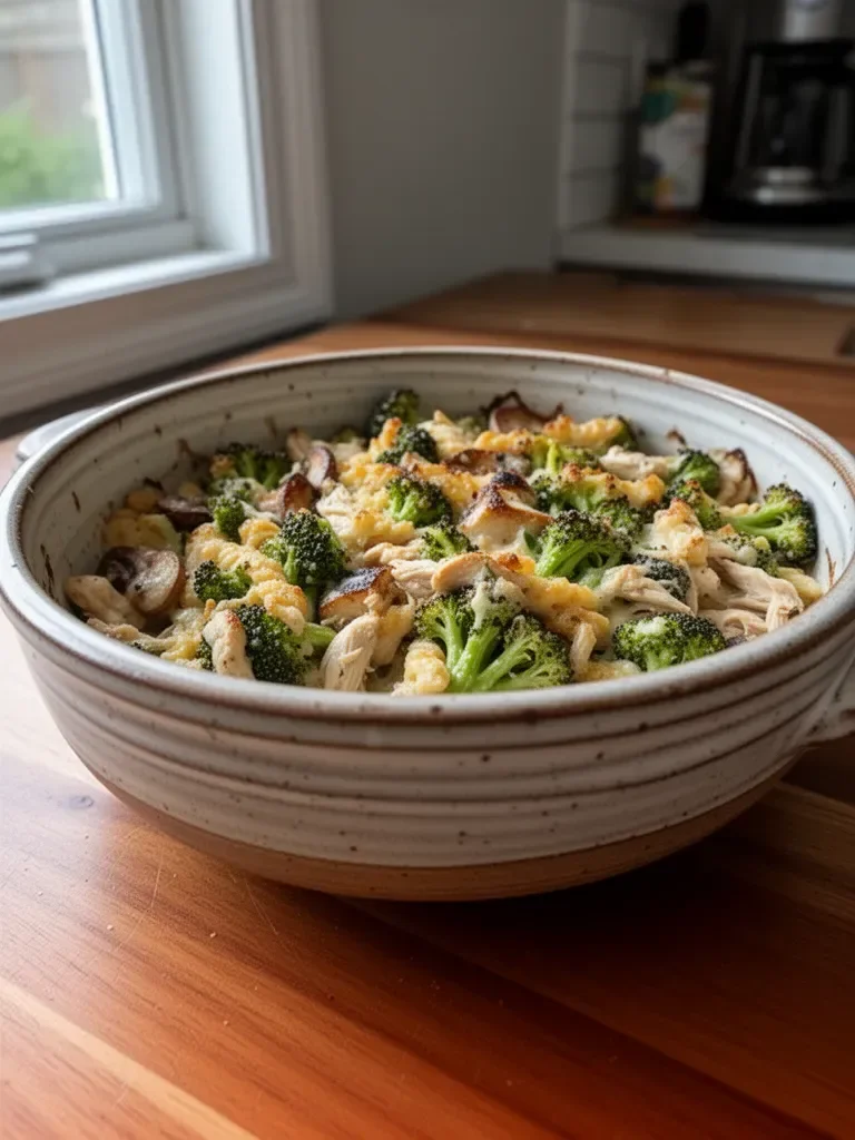 Baked broccoli chicken casserole with melted cheese and tender chicken pieces