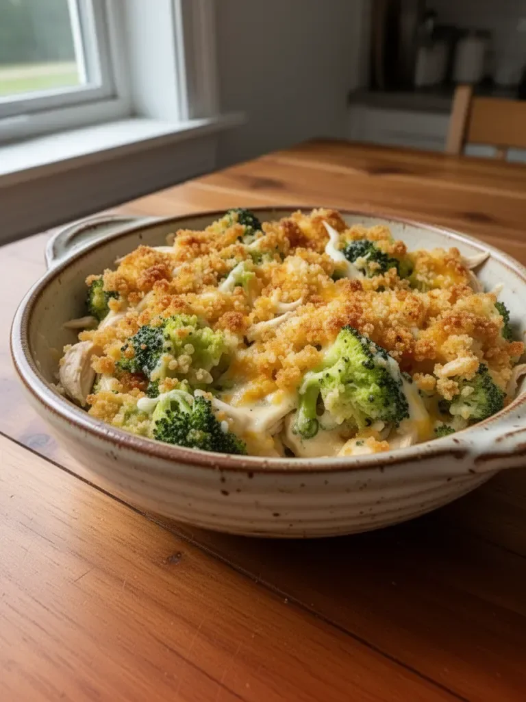 Baked Broccoli Chicken Divan Casserole topped with cheese and breadcrumbs