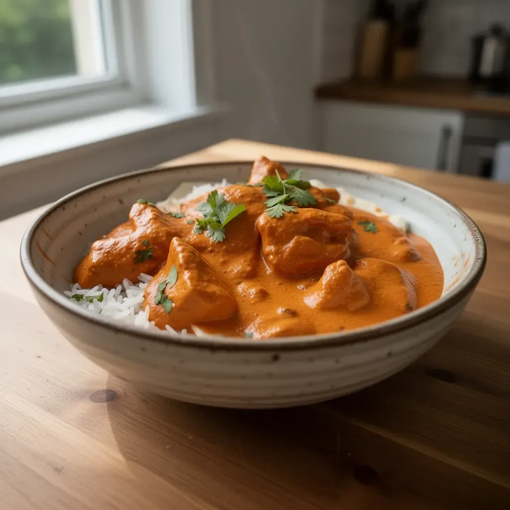 Delicious Butter Chicken served with rice and naan