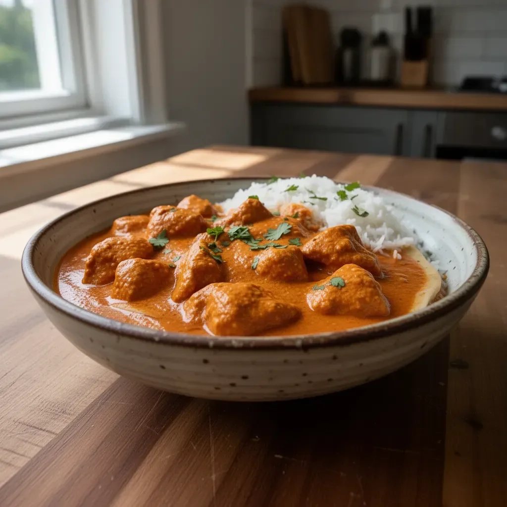 Delicious plate of butter chicken served with naan and spices