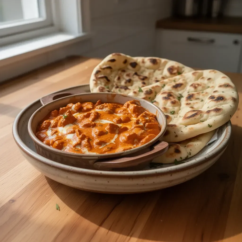 Delicious Butter Chicken served with warm Garlic Naan on a plate
