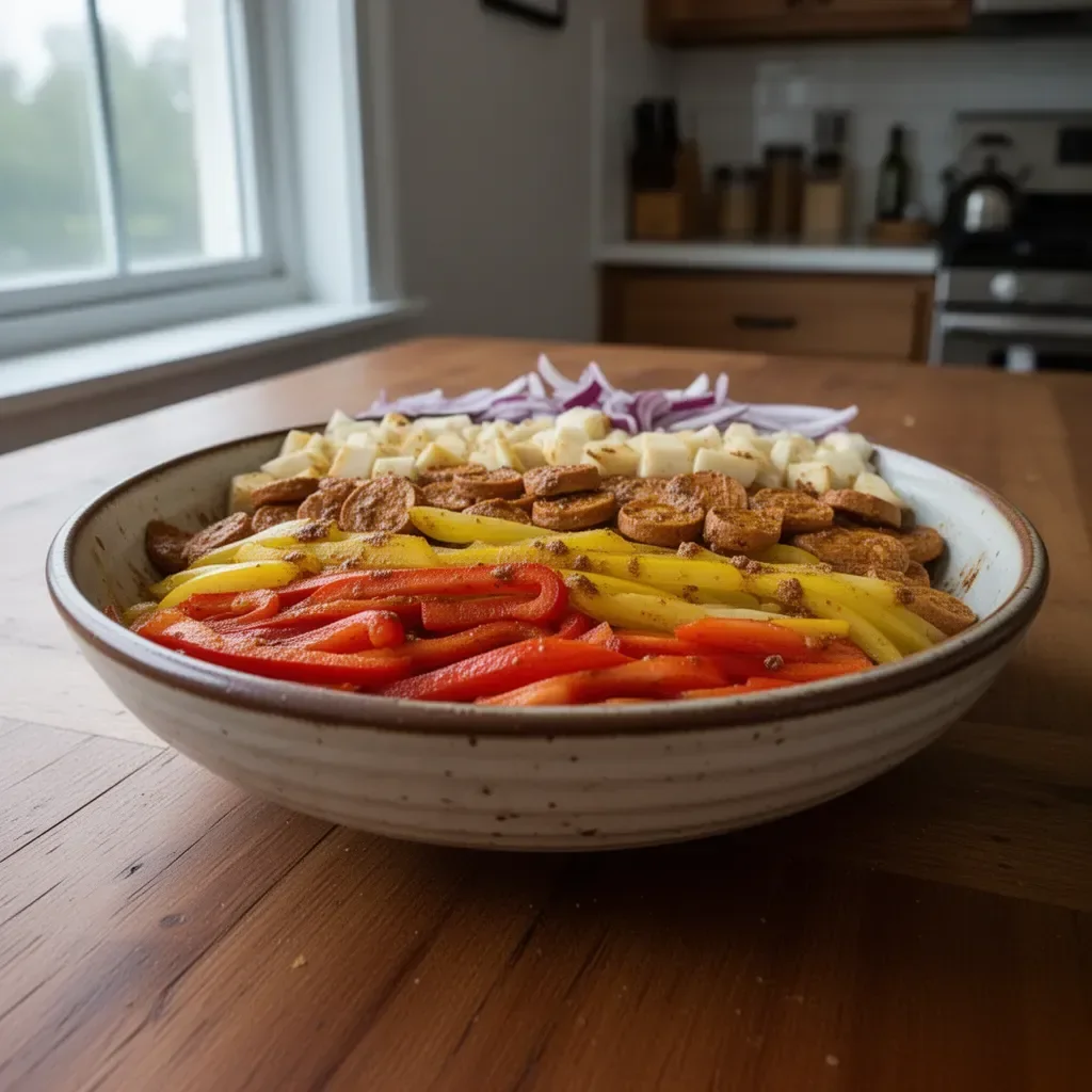 Cajun Inspired Sheet Pan Dinner with colorful vegetables and spices