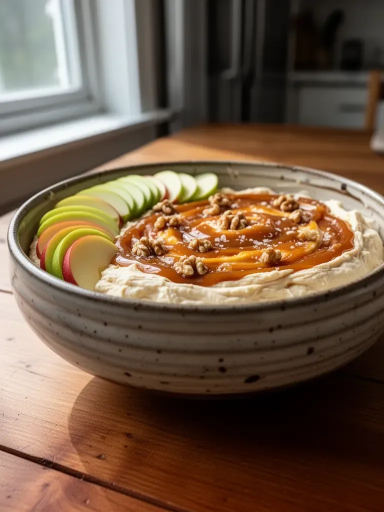 Caramel Apple Cheesecake Dip 3 Delicious Caramel Apple Cheesecake Dip served with apple slices and nuts