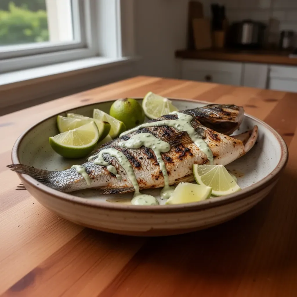 Delicious Caribbean grilled snapper served with garlic aioli on a plate.