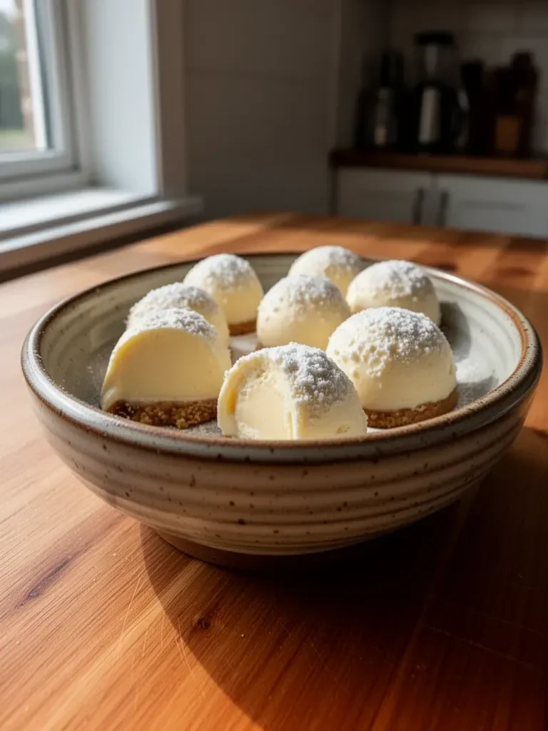 Delicious homemade cheesecake bites on a stylish dessert plate.
