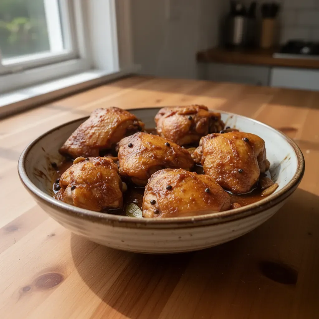 Delicious Chicken Adobo served with rice and garnished with herbs