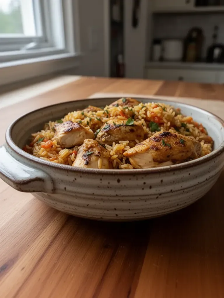 A plate of flavorful chicken and rice garnished with herbs and spices.