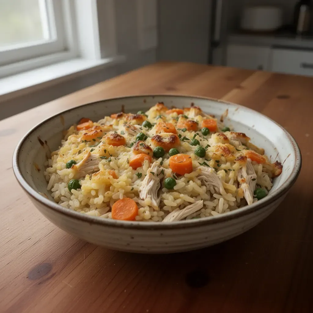 Baked Chicken Rice Casserole with vegetables and herbs in a baking dish