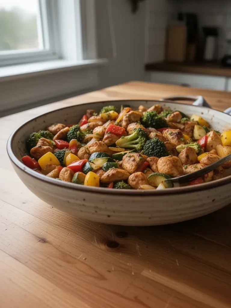 Colorful chicken and vegetables skillet recipe for a healthy dinner option