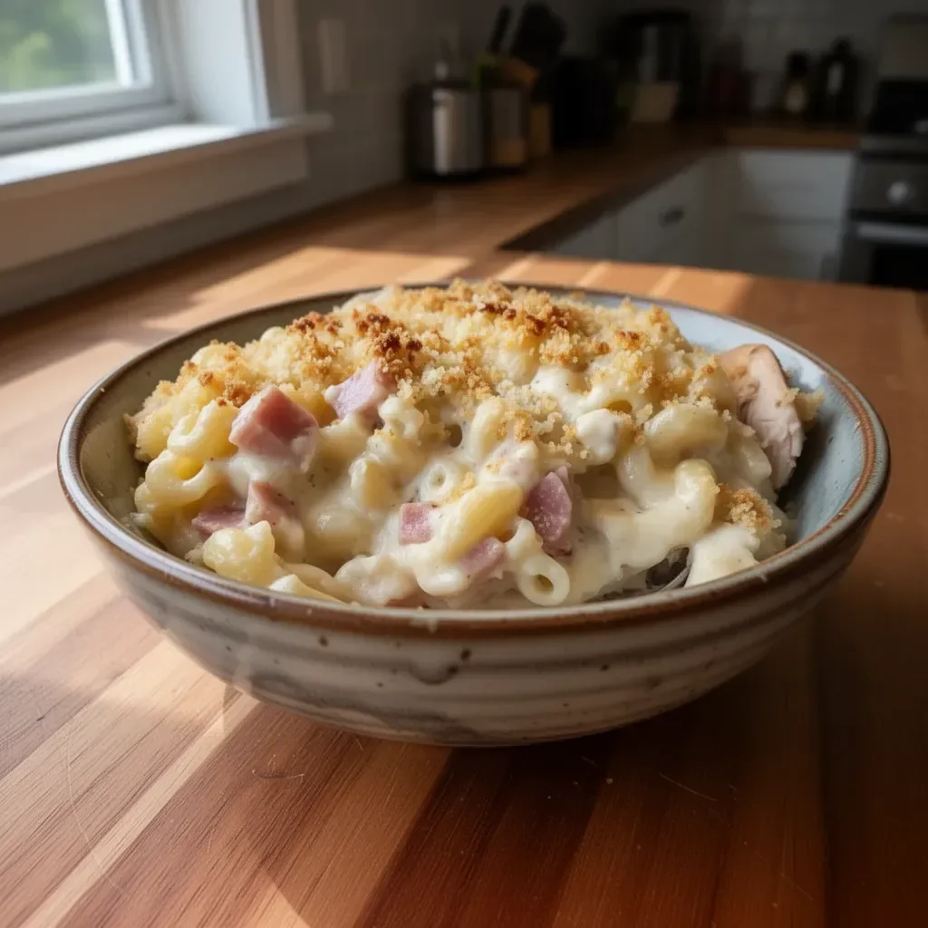 Delicious Chicken Cordon Bleu Casserole topped with crispy breadcrumbs