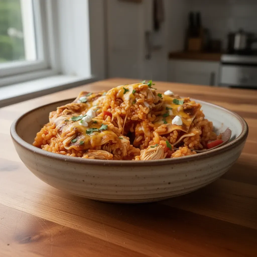 Delicious Chicken Enchilada Rice Casserole topped with cheese and fresh herbs.