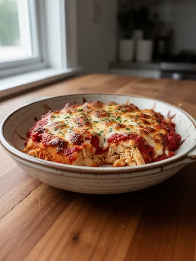 Delicious Chicken Parmesan Casserole with melted cheese and herbs