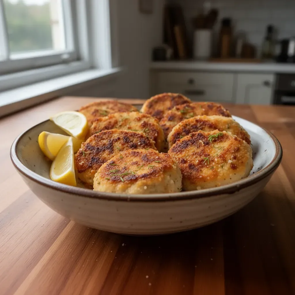 Golden brown chicken patties on a plate with fresh garnish