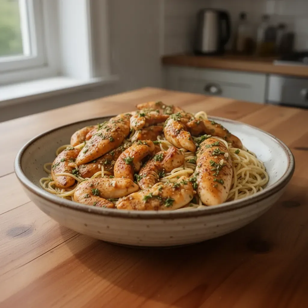 Delicious bowl of Chicken Scampi Pasta with herbs and garlic