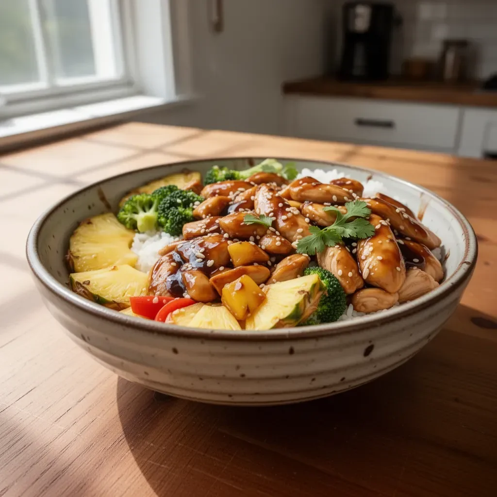 Chicken teriyaki served in pineapple bowls with vegetables and sauce