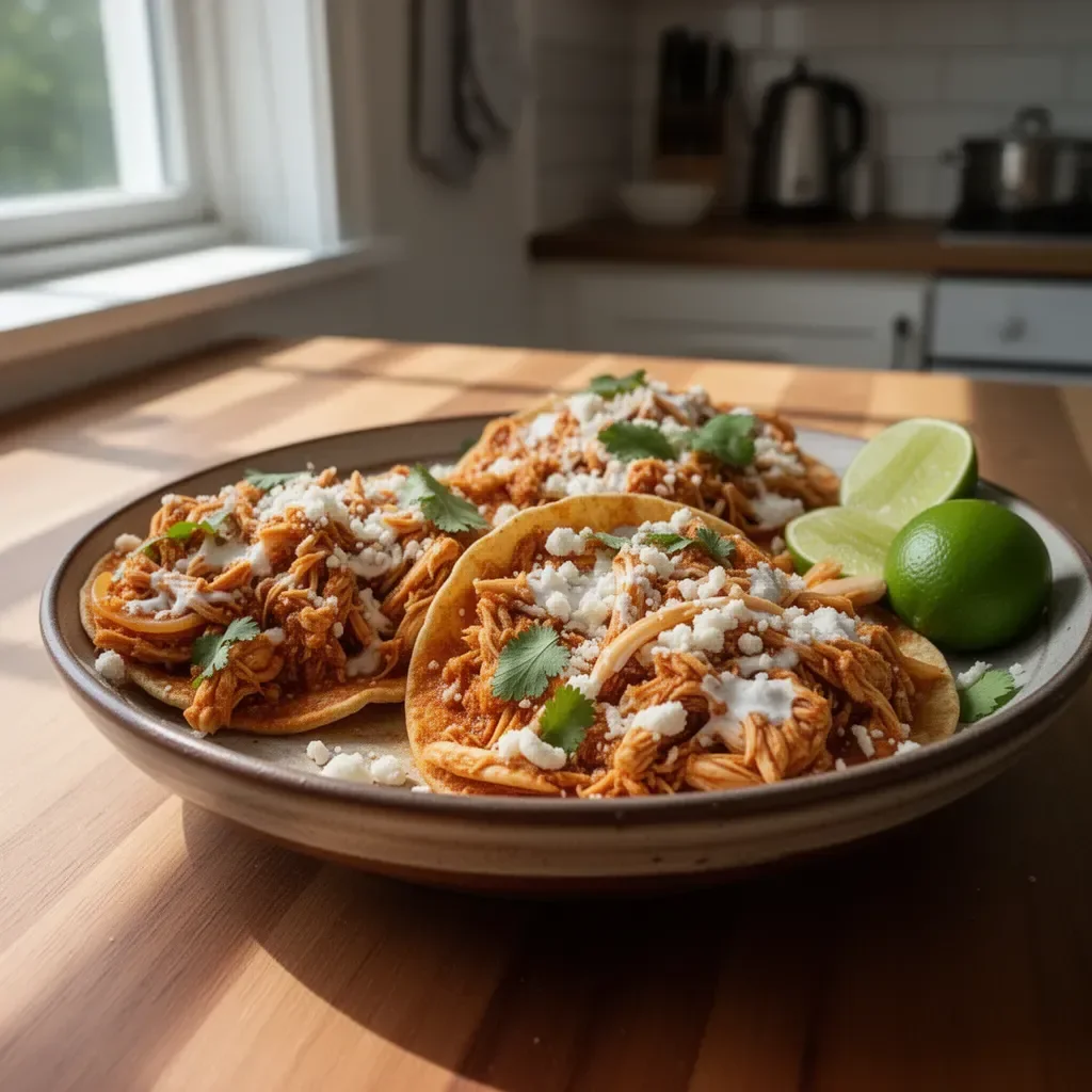 Delicious Chicken Tinga served in a taco with toppings.