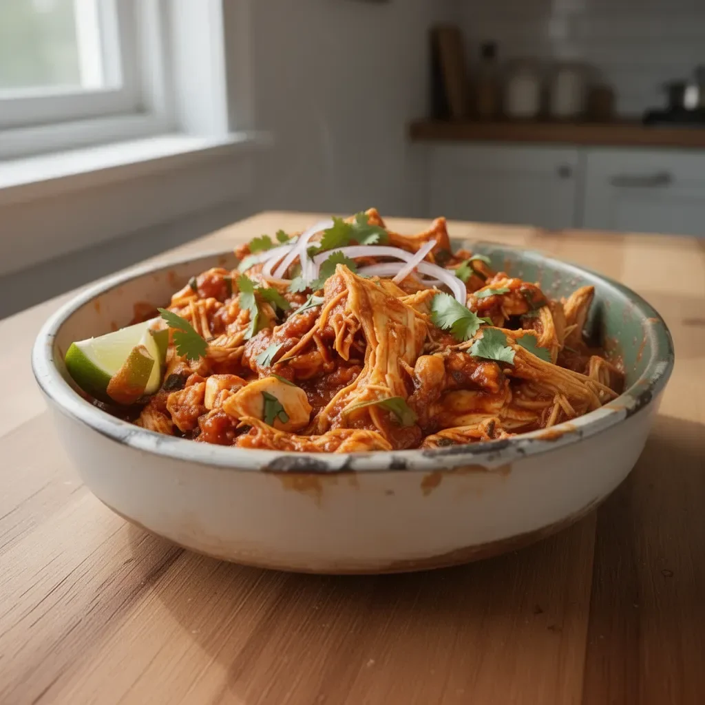 Delicious Chicken Tinga served with toppings in a vibrant bowl.