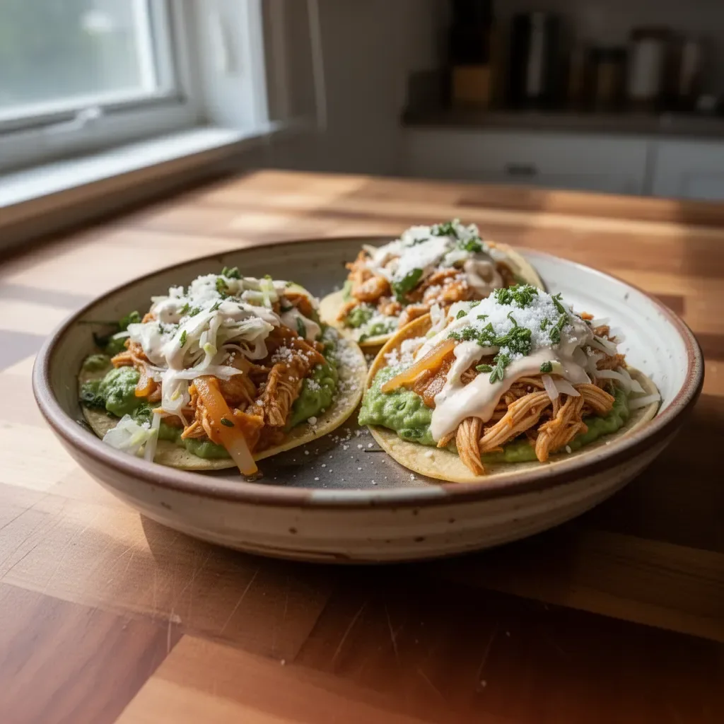 Plate of Chicken Tinga Tacos topped with fresh cilantro and served with lime.