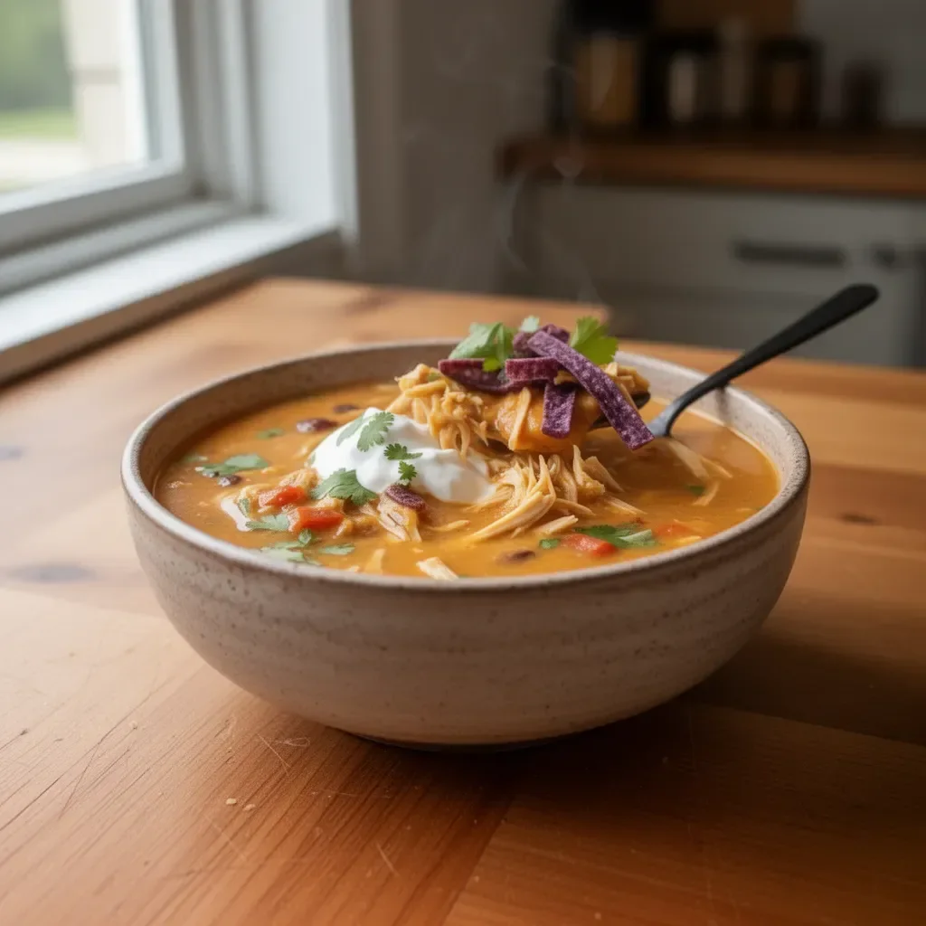 Bowl of Chili's Chicken Enchilada Soup topped with cheese and cilantro