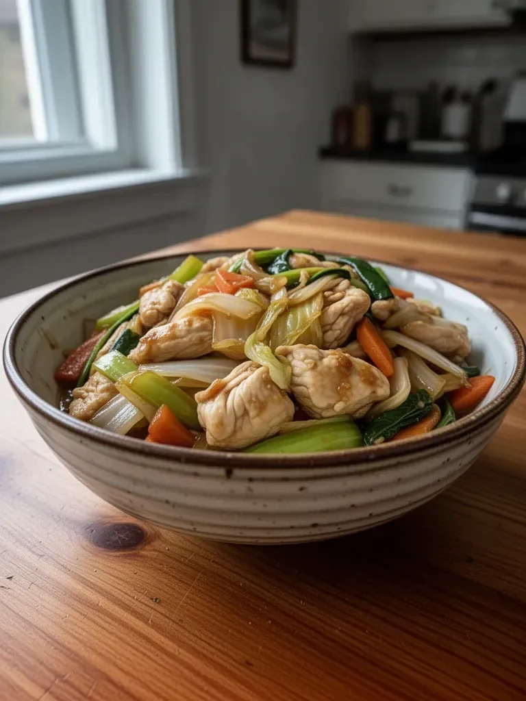 Delicious Chinese Chicken Cabbage Stir-Fry served in a bowl with vibrant colors.