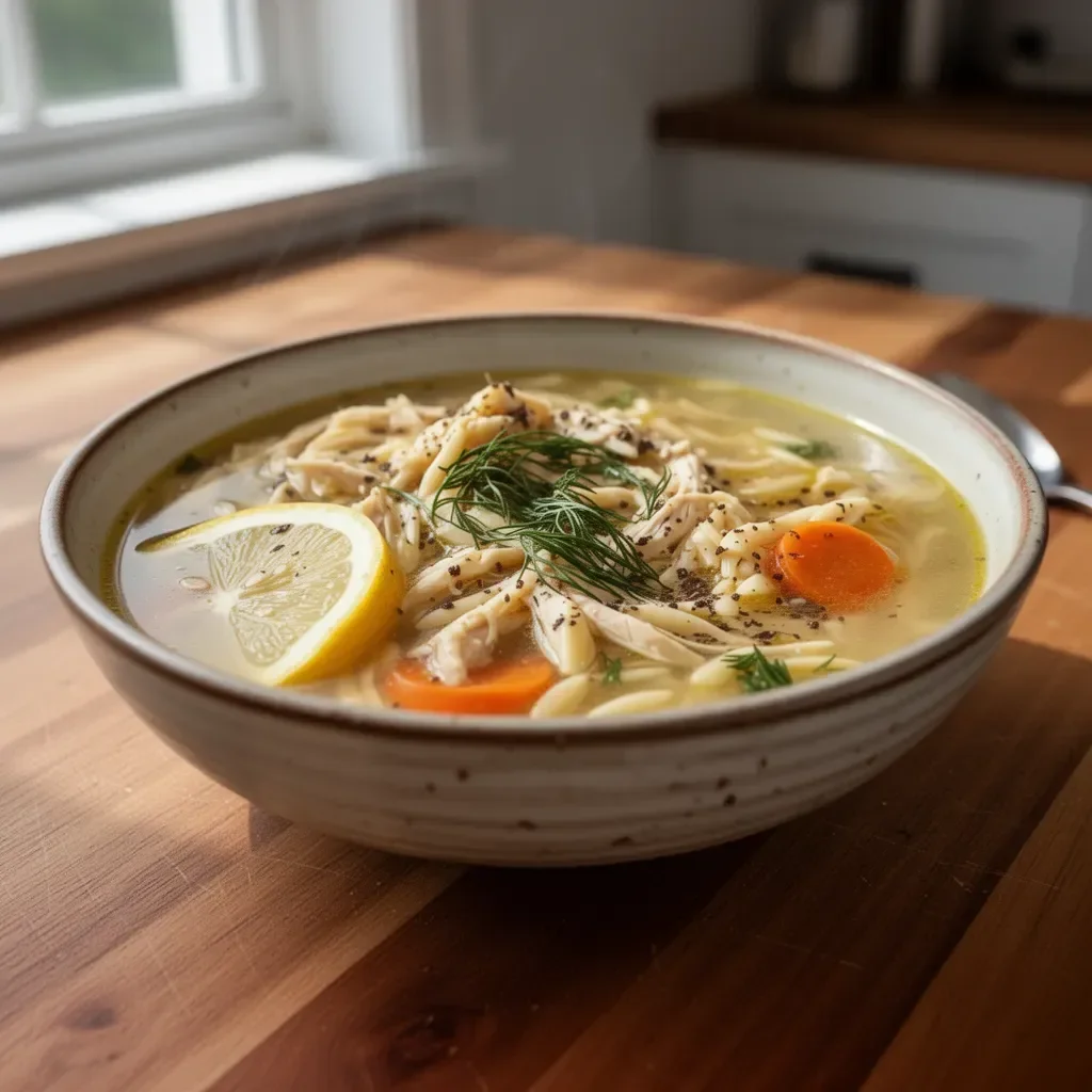 Bowl of Classic Greek Lemon Chicken Soup garnished with lemon and herbs