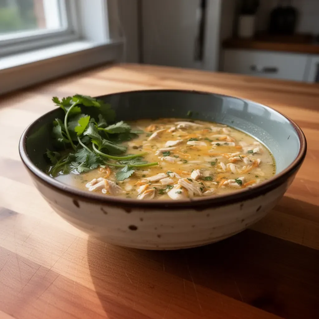Bowl of Coconut Cilantro Chicken Soup with fresh cilantro garnish