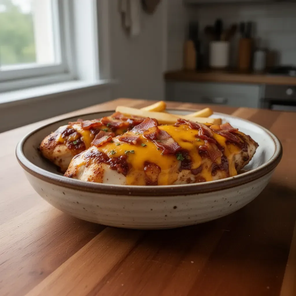 Delicious Cowboy BBQ Bacon Cheddar Chicken topped with barbecue sauce and cheddar cheese