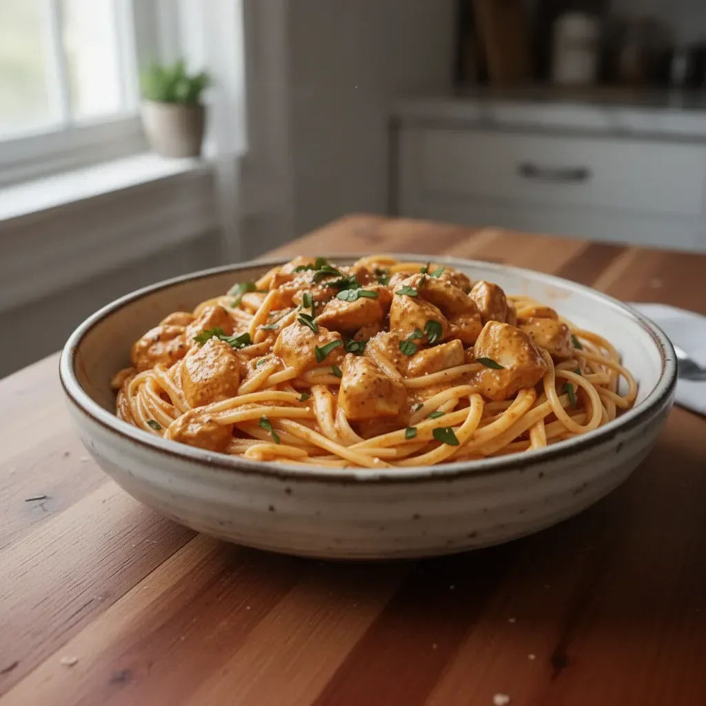 Delicious Cowboy Butter Chicken Linguine featuring creamy butter chicken sauce.