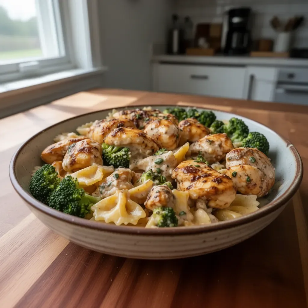 Cowboy Butter Lemon Bowtie Chicken served with Broccoli for dinner