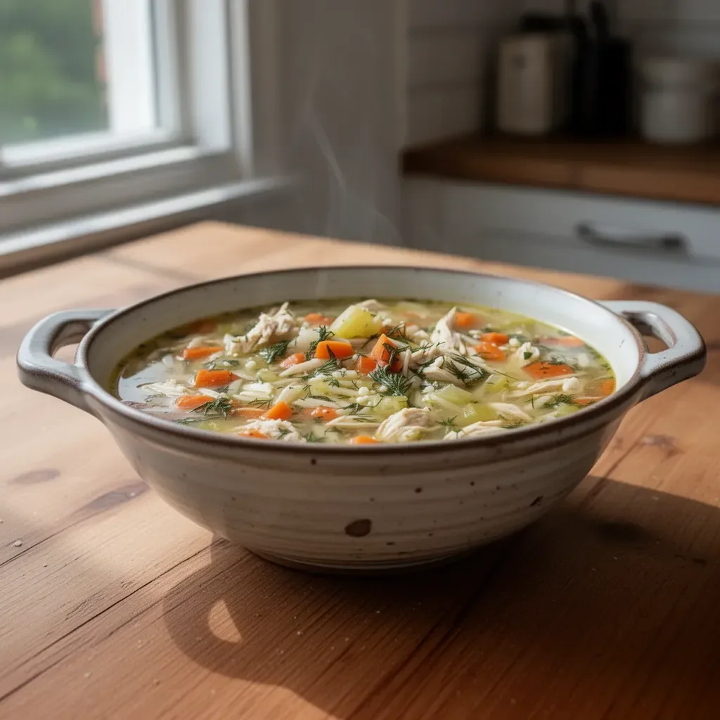 Bowl of cozy Greek Lemon Chicken Soup garnished with fresh herbs and lemon slices.