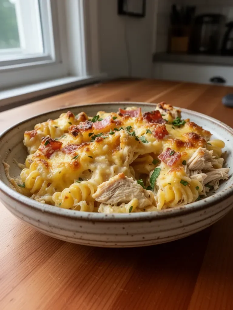 Delicious chicken pasta casserole topped with cheese and herbs, ready to serve.
